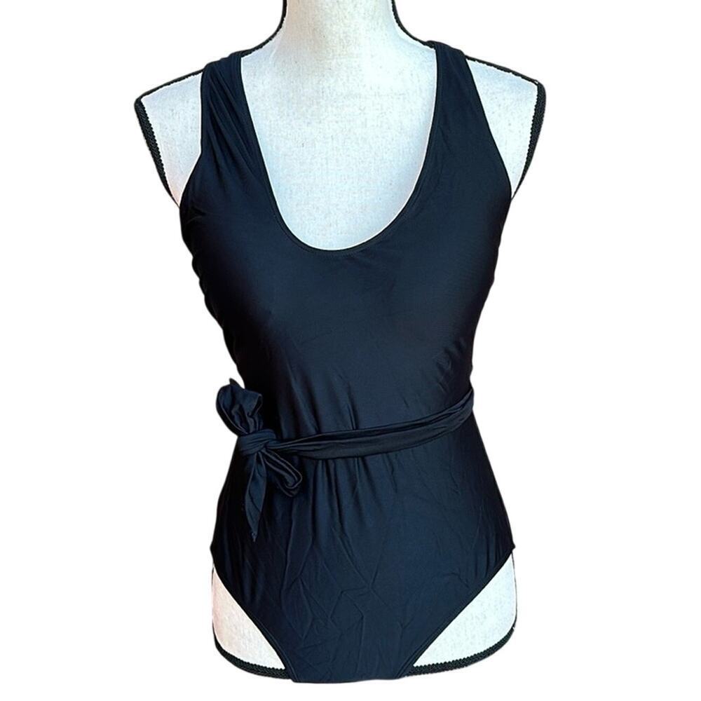 Black One Piece Swimsuit Women's Large Strappy Criss Cross Back Side Tie NWOT